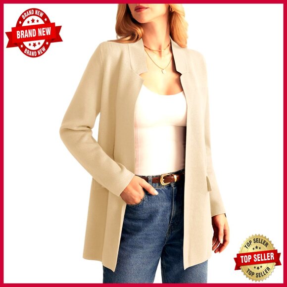Long Sleeve Knit Cardigan Blazer Notch Collar Open Front Relaxed Fit
